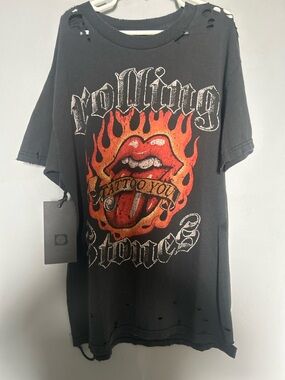 the Rolling Stones Black Graphic Tee with Red & Orange Flame Tongue Logo